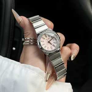 Elegant Scottie silver women's quartz watch featuring rhinestone bezel and pink dial detail