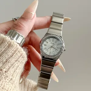 Detail view of Scottie silver quartz watch with crystal bezel and metallic strap