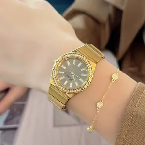Elegant Scottie luxury gold women's quartz watch featuring a diamond bezel and grey dial