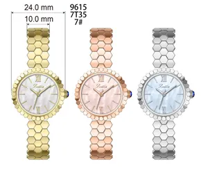 Detailed view of Scottie 9615 quartz watch featuring honeycomb steel band and MOP dial