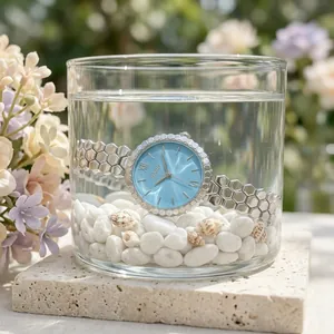 Macro view of Scottie quartz watch with silver honeycomb band submerged in clear water