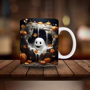 Detail view of a 3D spooky Halloween mug with a smiling ghost and pumpkin print