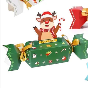 Detail view of green Christmas cracker candy box featuring a pop-up reindeer pull tab