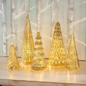 Set of 5 decorative amber glass Christmas tree figurines with integrated warm LED lights