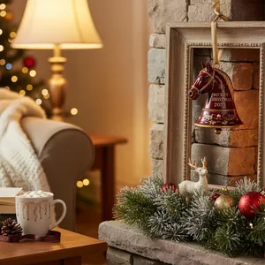 Vista dettagliata di una campana di Natale vintage a testa di cavallo rossa in casa accogliente