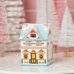 Hand-painted ceramic village spice house cinnamon sugar jar for holiday table