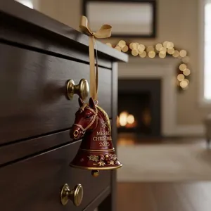 Primo piano di una campana a testa di cavallo bordeaux con scritta dorata Merry Christmas 2025