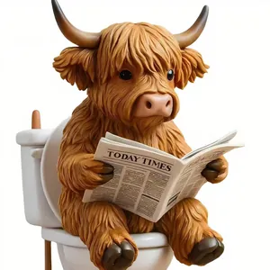 Gedetailleerd 3D Highland Cow-beeldje zittend op het toilet en lezend in de Today Times