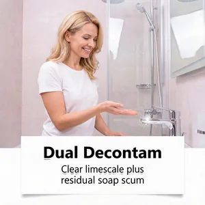 Robinet en chrome brillant après utilisation d'un détartrant pour salle de bain avec femme.