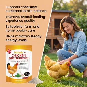 Nutritional Kriath chicken gut support supplement powder displayed in a farm setting.