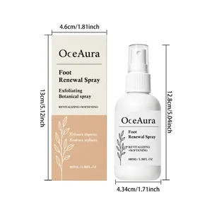 Detailed dimension specifications for OceAura Foot Renewal Spray bottle and 100ml packaging box
