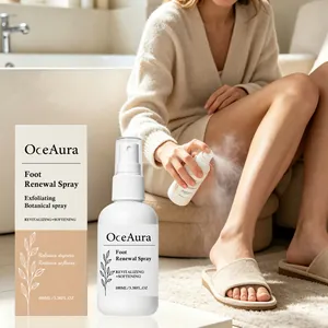 Professional OceAura foot renewal spray being used on legs for gentle exfoliating care