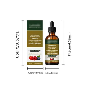 Dimensions of 60ml gut cleansing herbal supplement liquid drops and box
