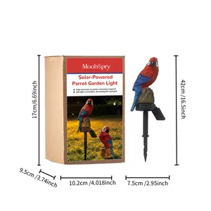 Detailed dimension diagram for MoonSpry solar-powered parrot garden light and packaging