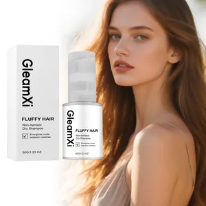 Model with long smooth brown hair showcasing GleamXi non-aerosol dry shampoo spray