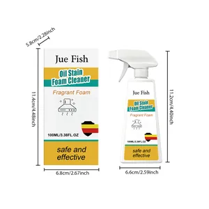 Vista dettagliata del detergente schiuma Jue Fish 100ml con dimensioni specifiche del prodotto