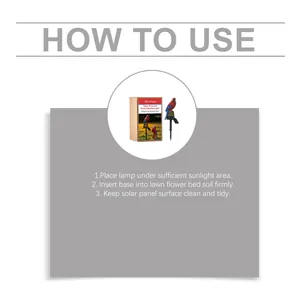 Instructional graphic showing how to use the solar-powered parrot garden light