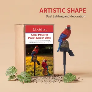 Solar-powered parrot garden light with artistic shape and decorative packaging.