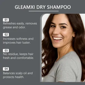 GleamXi dry shampoo infographic detailing four hair benefits with a smiling model