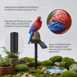 Detailed view of hand-painted resin parrot solar light with durable ground stake
