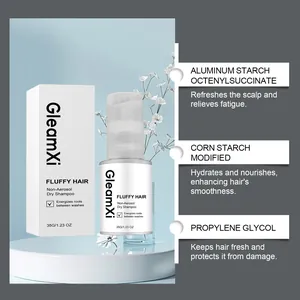 Detail view of GleamXi non-aerosol dry shampoo showing key ingredients and benefits.