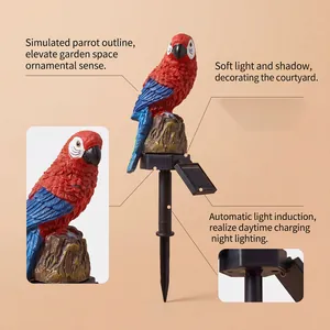 Detailed view of solar parrot garden light showing automatic light sensor and bird texture