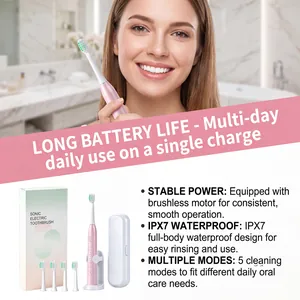 Détails de la brosse à dents sonique rose, 5 modes et étanchéité IPX7 certifiée