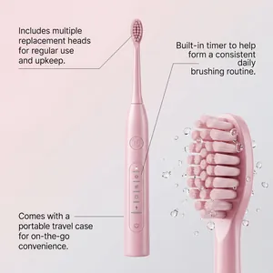 Primer plano del cabezal del cepillo de dientes eléctrico rosa con gotas de agua y funciones.