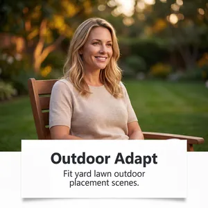 Happy woman sitting in a garden chair on a green lawn for outdoor lighting scene