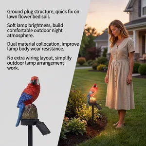 Close-up detail of a solar-powered parrot garden lamp glowing in a garden setting.