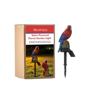 Vibrant solar-powered parrot garden light with stake and eco-friendly packaging box.