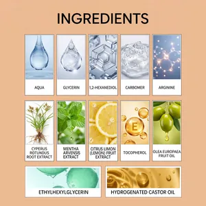 Infographic showing hair removal care oil ingredients like Aqua, Glycerin, and Lemon extract