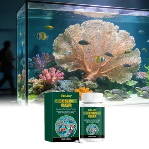 Detailed view of aquarium water purification tablets with fish tank background for clarity.