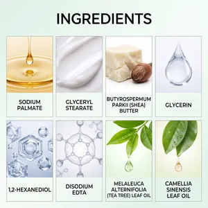 Vista dettagliata degli ingredienti del sapone naturale al tè come burro di karitè e glicerina