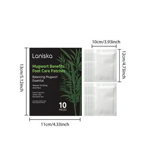 Detailed dimensions of Mugwort foot care patches packaging and individual sachets