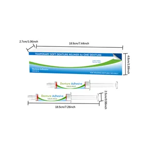 Detailed dimensions of temporary soft denture reliner kit with two 10g syringes