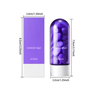 Dimensions détaillées pour flacon et boîte de pastilles de dentifrice menthe violette