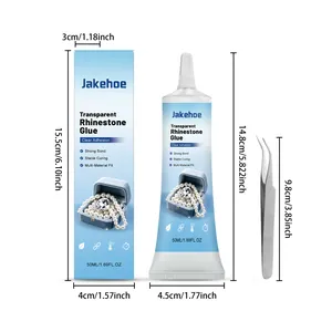 Vista detallada del pegamento para diamantes JAKEHOE 50ml con etiquetas de tamaño y pinzas
