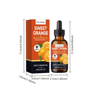 OceAura Süßorangen-Ätherisches Öl 60ml Flasche und Karton mit genauen Abmessungen.