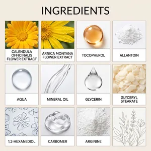 Cuadrícula detallada de los ingredientes naturales y científicos de la crema hidratante.
