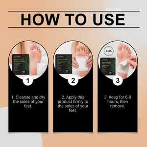 Detailed three-step instruction guide showing how to use Laniska Mugwort Foot Care Patches