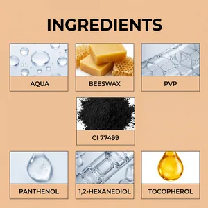 Détails des ingrédients du mascara incluant cire d'abeille, PVP et vitamine E.