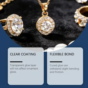 Pegamento transparente para pedrería y joyas con unión flexible e invisible.