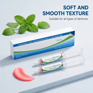 Detail view of pink denture adhesive syringes and packaging with fresh mint leaves.