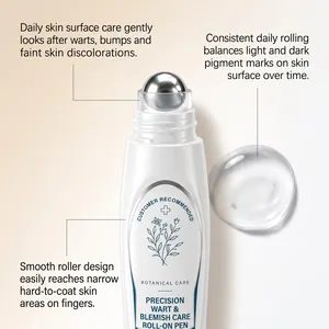 Detailed view of precision skincare roll-on pen with metal roller ball and clear gel texture