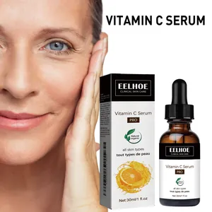 EELHOE Vitamin C facial serum in 30ml dropper bottle shown next to a woman's face
