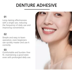 Propolis denture adhesive features displayed with a smiling woman showing bright white teeth