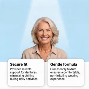 Denture adhesive detail showing secure fit and gentle formula benefits for a natural smile.