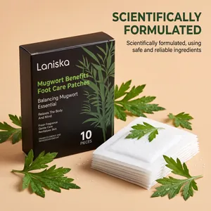 Close-up detail of LANISKA mugwort foot care patches stack with product box and herbal leaves