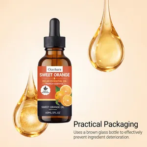 OceAura Orangen-Ätherisches Öl in einer schützenden 60-ml-Braunglasflasche aus der Nähe